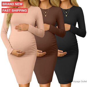 3 Pack Long Sleeve Maternity Dresses Ruched Crew Neck Slim Stretchy Winter